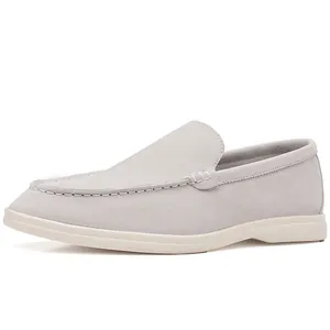 Classic light grey suede-textured loafers, casual slip-on driving shoes for men