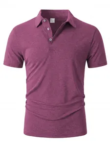 Classic men's casual short-sleeve polo shirt in solid magenta color with lapel collar