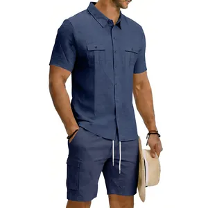 Completo casual da uomo in lino blu navy composto da camicia cargo e pantaloncini