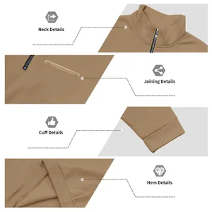 Close-up views of the neck, stitching, cuffs, and hem of a khaki mens half-zip fleece sweatshirt.
