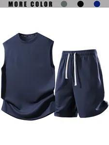 Men's two-piece casual sportswear set with navy blue sleeveless tank top and drawstring shorts