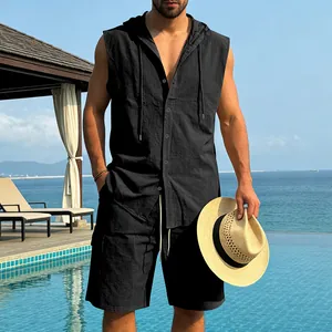 Detailed view of men's summer black sleeveless linen hooded shirt and matching cargo shorts set