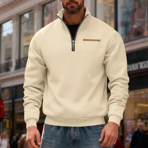 Men's beige heavyweight half-zip sweatshirt with fleece lining for winter casual outdoor wear