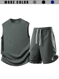Men's grey waffle knit sleeveless tank top and shorts athletic two-piece set for summer