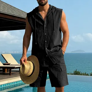 Men's black linen two-piece set featuring a sleeveless hooded shirt and cargo shorts