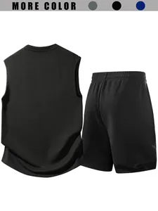 Men's sleeveless tank top and shorts two-piece sports set in black mesh fabric.