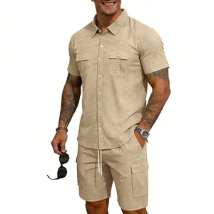 Completo 2 pezzi in lino kaki da uomo con camicia a maniche corte e pantaloncini