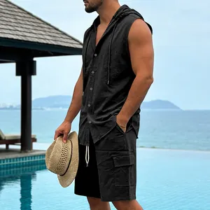Men's summer black linen sleeveless hooded shirt and cargo shorts two-piece beach set.