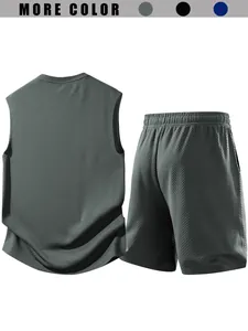 Two-piece men's athletic mesh tank top and shorts set in dark grey