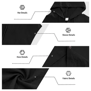 Detailed views of a men's black linen sleeveless hoodie showing hood, sleeve, and fabric.