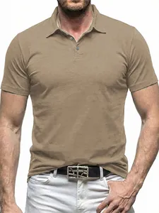 Close-up detail of a casual men's khaki short-sleeve polo shirt with lapel collar