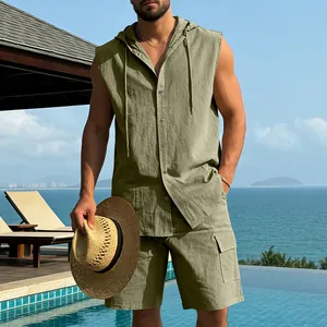 Men's summer linen sleeveless hooded shirt and cargo shorts set for casual beach vacations