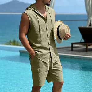Professional detail view of a men's olive linen hooded sleeveless shirt and cargo shorts set