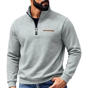 Men Heavyweight Polyester Fleece Lined Sweatshirt American Vintage Half-Zipper Stand Collar Casual Loose Thermal Top