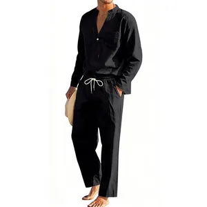 Schwarzes Leinen-Freizeitset für Herren mit Langarm-Henryshirt und lockerer, gerader Hose