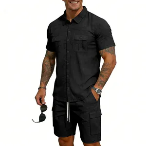 Completo 2 pezzi in lino nero con camicia a maniche corte e pantaloncini cargo multitasche