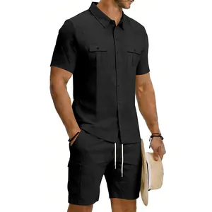 Completo casual in lino nero da uomo con camicia cargo e pantaloncini