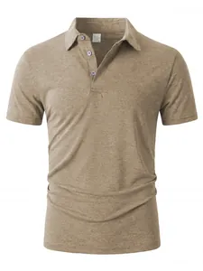 Men's casual short sleeve polo shirt in heather tan with three-button lapel collar