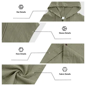 Detailed view showing hat, sleeve, hem and fabric texture of green linen shirt.