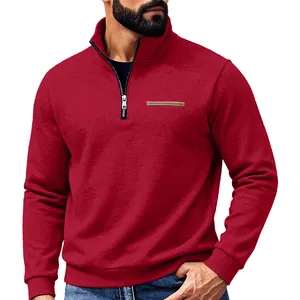 Men's heavyweight burgundy half-zip sweatshirt with stand collar for outdoor winter warmth