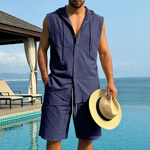 Men's navy linen 2-piece beach set featuring a sleeveless hoodie and cargo shorts.