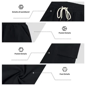 Dettagli ravvicinati dei pantaloncini cargo in lino nero con coulisse e tasche laterali