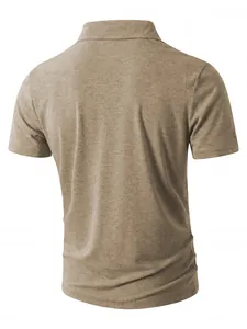 Back view of a casual men's short-sleeved polo shirt in heathered khaki fabric