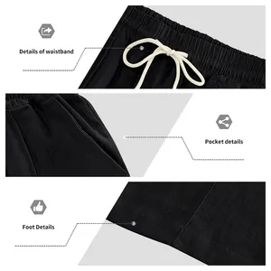 Makrodetails der schwarzen Leinenhose mit elastischem Bund, Tasche und Saum.
