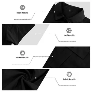 Vista dettagliata della camicia in lino nero: collo, polsino, tasca e trama del tessuto.