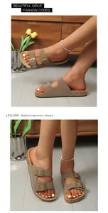 Vue détaillée des sandales kaki pour femmes avec double boucle et semelle liège.