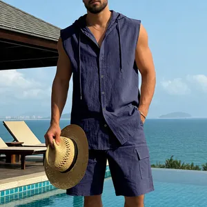 Stylish men's navy blue linen sleeveless hooded shirt and cargo shorts beach vacation set