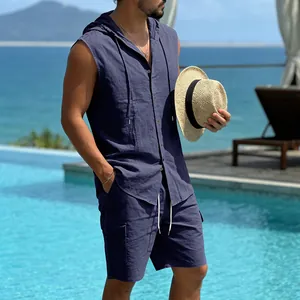 Detail of men's navy blue linen sleeveless hooded shirt and cargo shorts holiday set