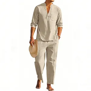 Herren Casual Leinen-Set mit langärmligem Henley-Shirt und gerade geschnittener Hose