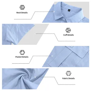 Dettagli del colletto, polsini, tasche e tessuto in lino per camicia casual da uomo blu