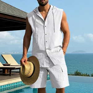 Men's white linen hooded sleeveless shirt and cargo shorts set for beach vacation