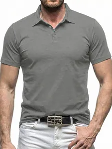 Close-up of a grey short-sleeved casual polo shirt for men with a classic collar.