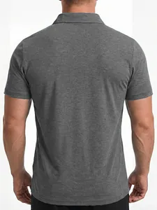 Detailed back view of a grey short-sleeved polo shirt for men in casual fit design
