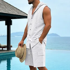 White linen hooded sleeveless shirt and cargo shorts set for men's resort beach wear.