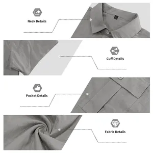 Dettagli di collo, polsini, tasche e tessuto della camicia di lino grigia cargo