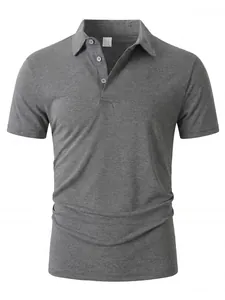 Front view of gray men's short-sleeve polo shirt with a classic three-button placket