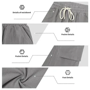 Viste dettagliate dei pantaloncini cargo in lino grigio con elastico in vita e tasche