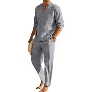 Herren Leinen-Set in Grau mit Langarm-Henley-Shirt und lockerer, gerader Hose