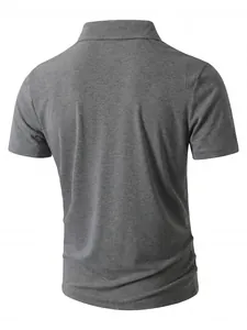 Back view of men's heather grey casual short sleeve polo shirt with high-quality fabric texture.