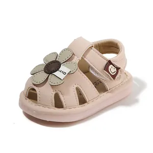 Pink baby girl summer sandals with cute flower decor and soft anti-slip sole for toddlers