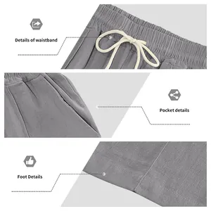 Detailansicht der grauen Leinenhose mit Gummizug am Bund, Tasche und geradem Saum