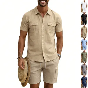 Set Due Pezzi Uomo Casual in Misto Lino Camicia Cargo a Manica Corta e Pantaloncini con Tasche e Coulisse Completi Estivi