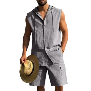 Men's grey linen sleeveless hooded shirt and cargo shorts summer vacation beach set