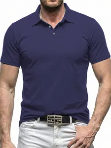Close-up of navy blue men's short-sleeved Polo shirt with stylish casual collar design
