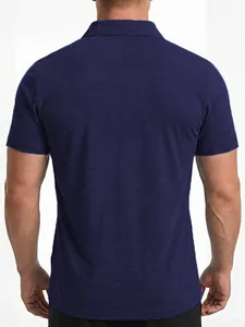 Detailed back view of a men's dark blue heathered polo shirt with a slim fit design.
