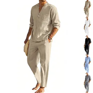 Herren Casual Leinenmischung Top Und Bottom Set Henley-Ausschnitt Langarmhemd Gerade Hose Amerikanischer Stil Urlaubsoutfit